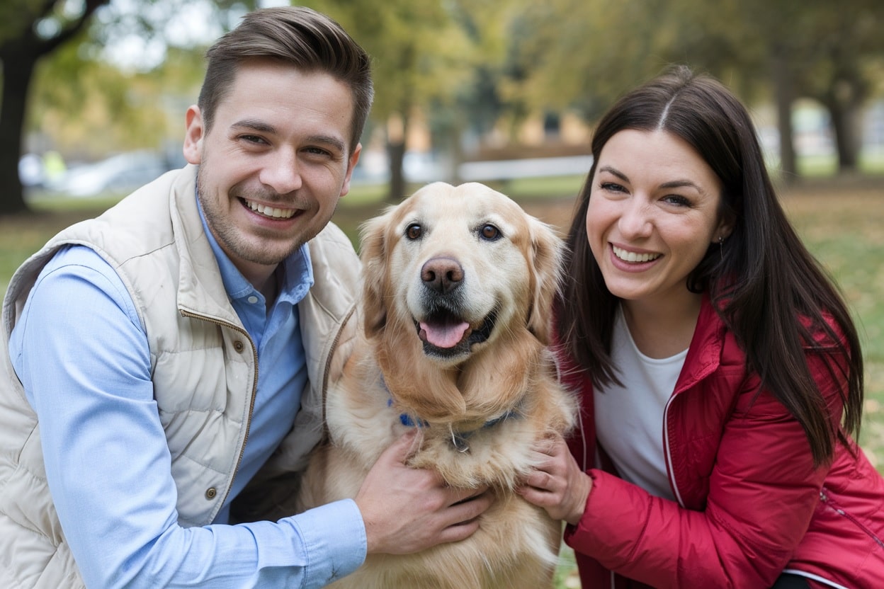 Un homme et une femme heureux avec leur chien après avoir suivi la formation communication canine.