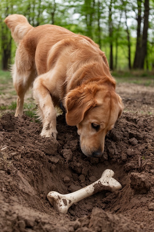 chien qui creuse la terre pour enfouir un os.