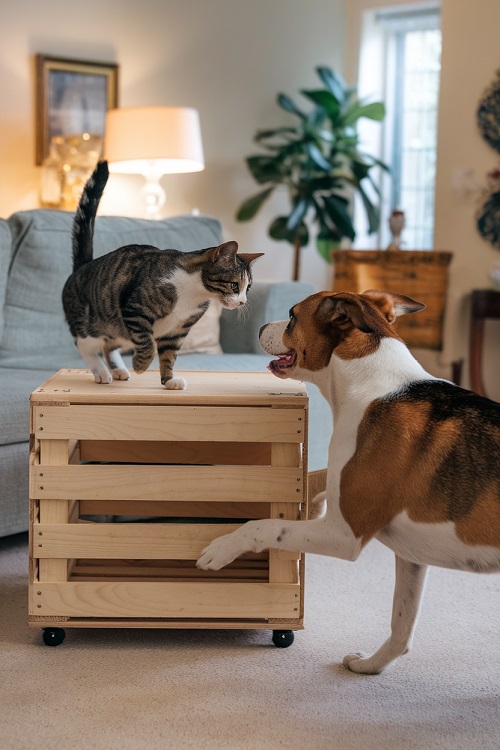 un chien qui poursuit un chat dans une maison