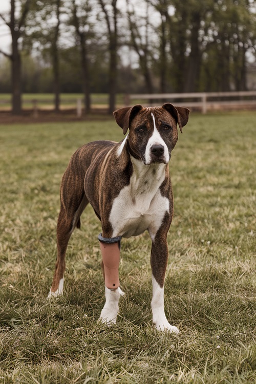 chien handicapé, amputé de la patte avant droite avec une prothèse.