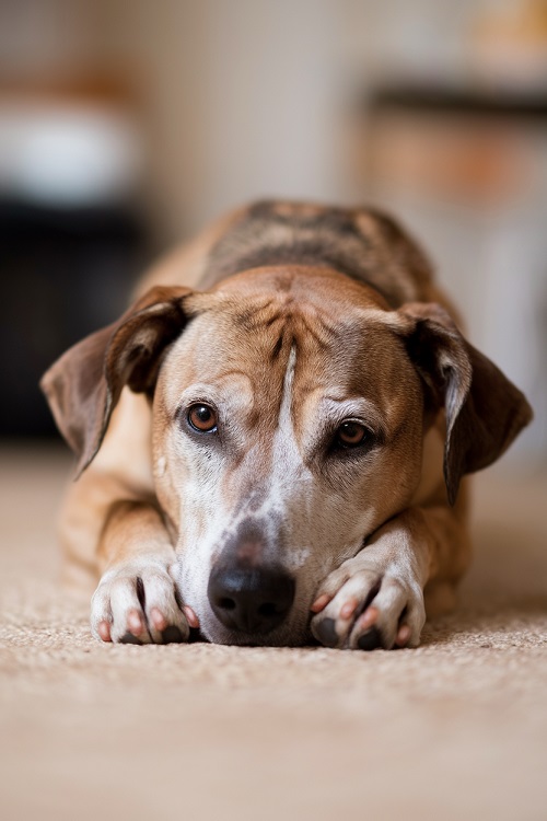 chien malade couché au sol.