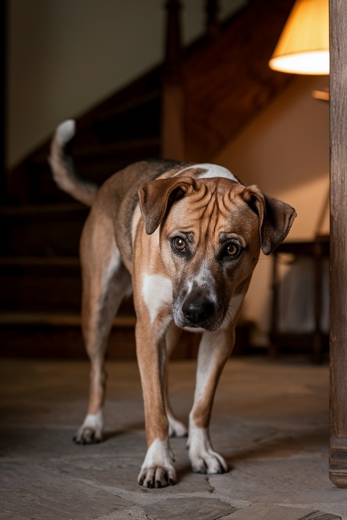 un chien montrant des signes de peur, dans un environnement qui reflète son anxiété.