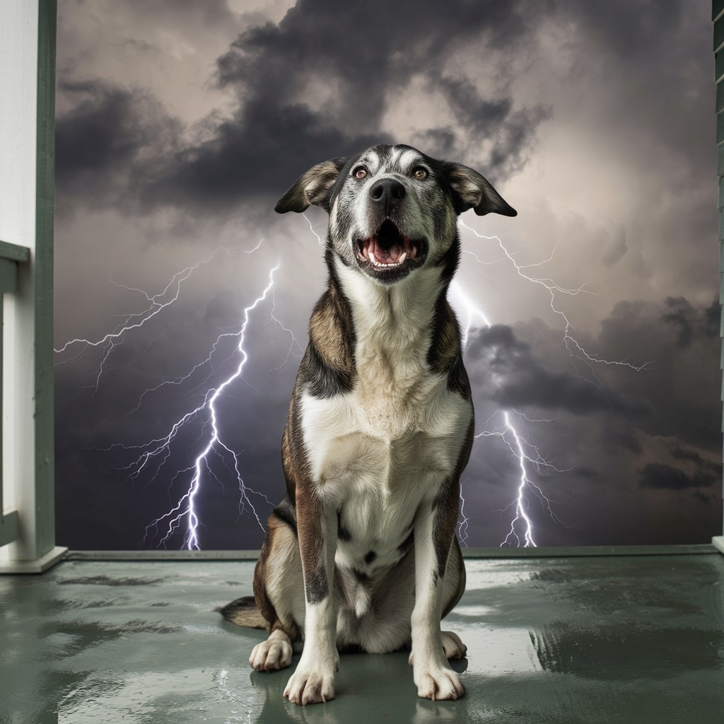 chien effrayé, hurlant à cause du bruit de l'orage.